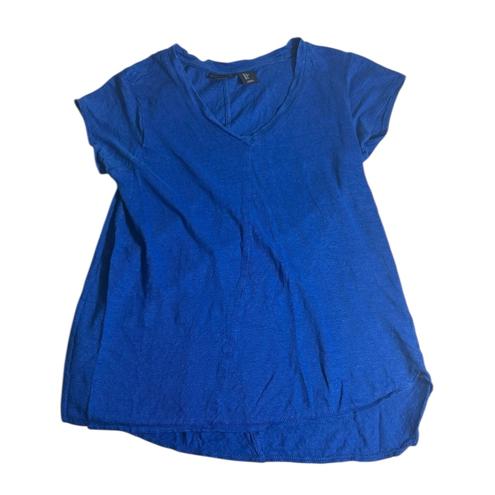 Tahari 100% Linen Blue V-Neck Short Sleeve Top | Lightweight Summer Blouse